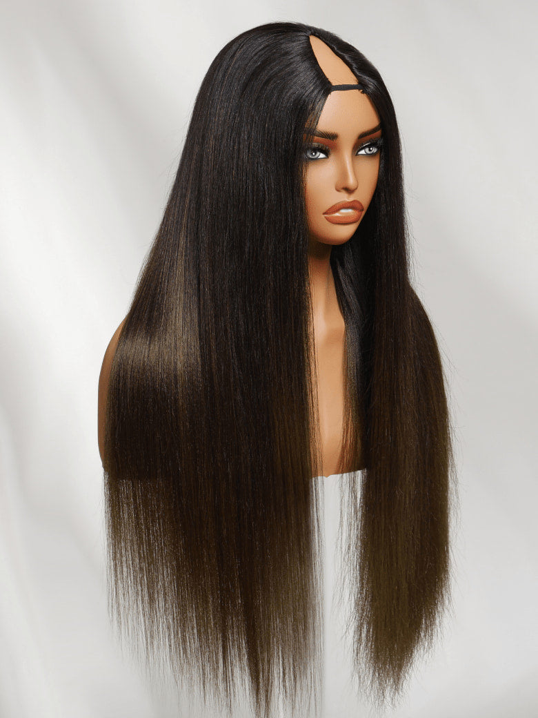 Klaiyi Yaki Straight EasiContour V Part Wigs Human Hair Ombre Chestnut Brown Color Clip in No Sew in No Glue Upgrade U Part Human Hair Wig