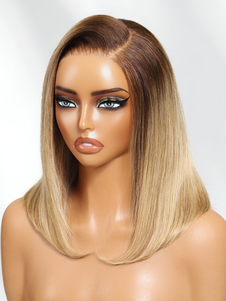 Klaiyi Tres Leches Blonde with Brown Root Bob Wigs Salt and pepper Hair Short Straight Bye-Bye Knots Wig Flash Sale