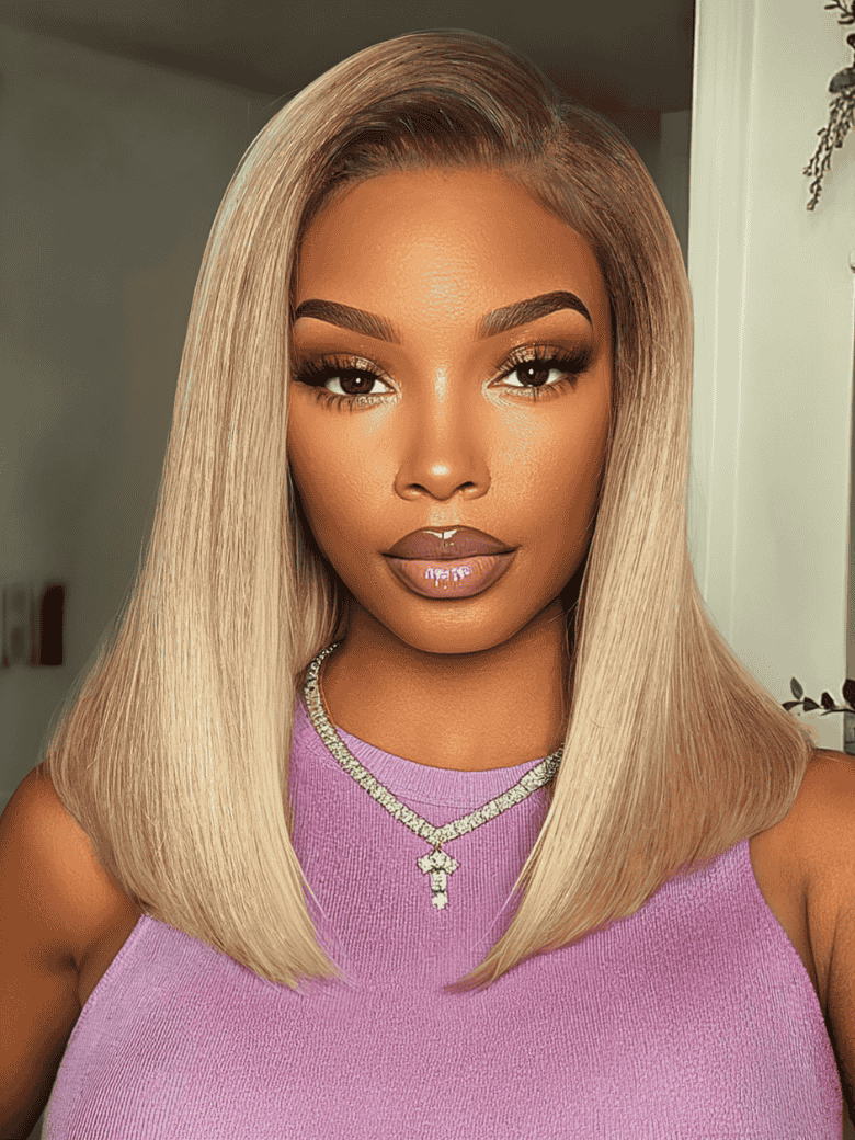 Klaiyi Tres Leches Blonde with Brown Root Bob Wigs Salt and pepper Hair Short Straight Bye-Bye Knots Wig Flash Sale