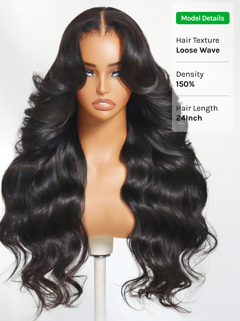 Klaiyi 13x4 Pre Everything Loose Body Wave Glueless Frontal Wig With Elastic Drawstring Human Hair Wig Flash Sale