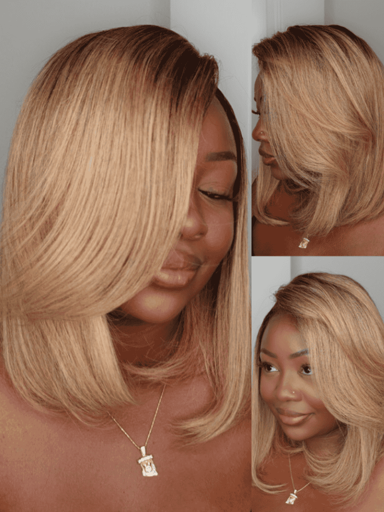 Klaiyi Tres Leches Blonde with Brown Root Bob Wigs Salt and pepper Hair Short Straight Bye-Bye Knots Wig Flash Sale