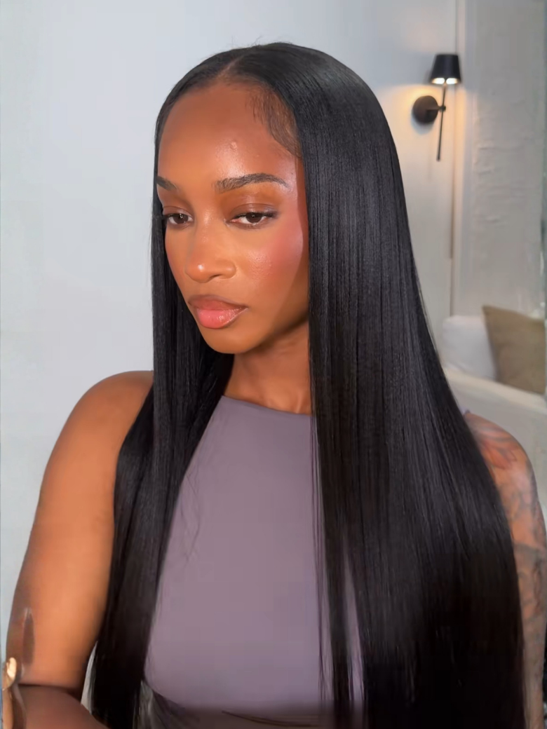 Klaiyi New EasiContour™ Yaki Straight V Part Wig Meets Real Scalp Ready To Wear Glueless Wig with  Invisi Drawstring