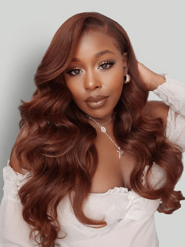 Klaiyi Brunette Auburn Copper 7x5 Pre everything Lace Frontal Wig Body Wave Virgin Human Hair Reddish Brown Color