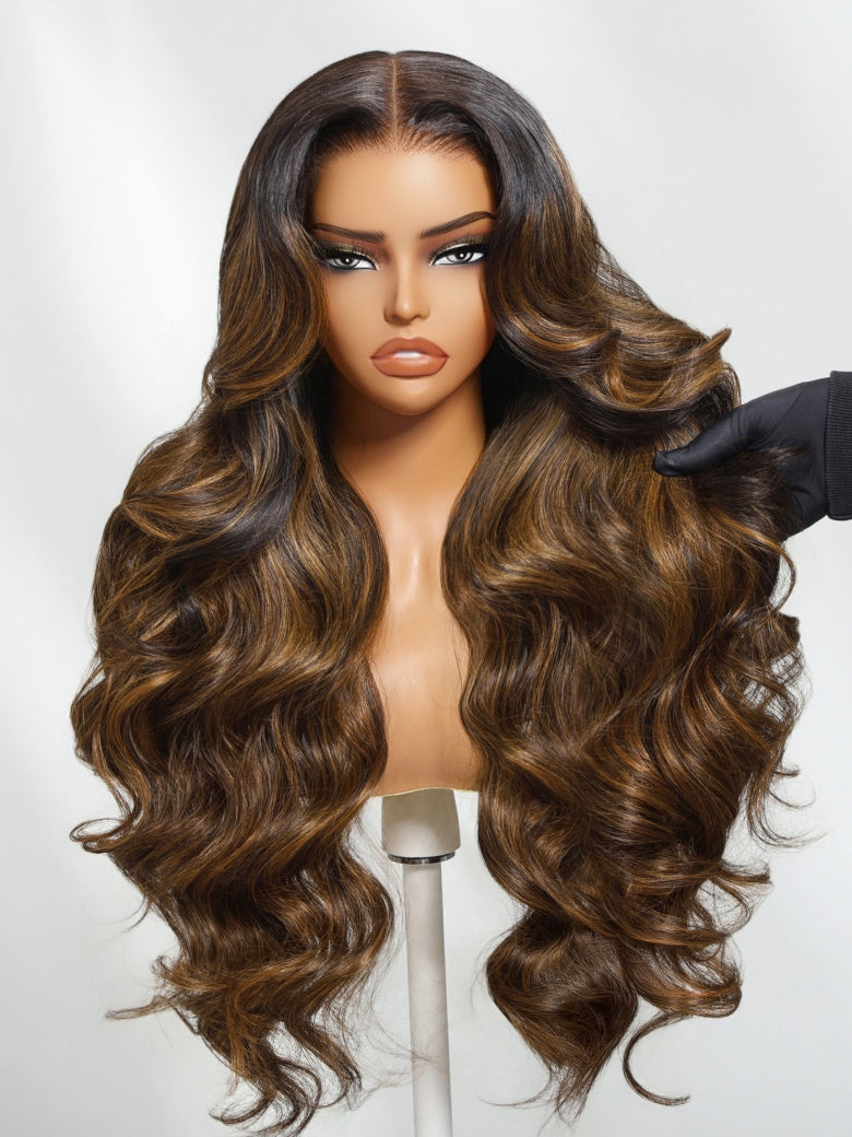 Klaiyi Ombre Brown Balayage Highlight Body Wave 13x4 Pre everything Wig Precolored Glueless Human Hair Lace Wig