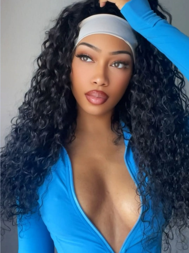 Klaiyi Hair HookFit Water Wave Headband Glueless Human Hair Wig With Invisi Drawstring