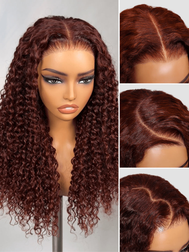 Klaiyi Reddish Brown Jerry Curly 7x5 Bye Bye Knots Human Hair Wig Put On and Go Glueless Lace Wig