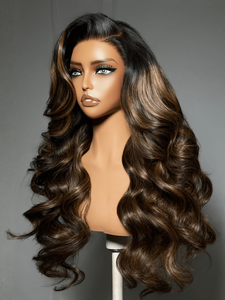 Klaiyi Ombre Brown Balayage Highlight Body Wave 13x4 Pre everything Wig Precolored Glueless Human Hair Lace Wig