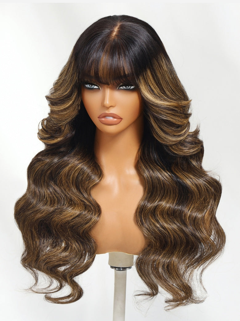 Klaiyi Hair 13x4 Balayage Highlight Wig with Bangs Pre-everything Body Wave Lace Front Human Hair Wigs with Invisi Drawstring Flash Sale
