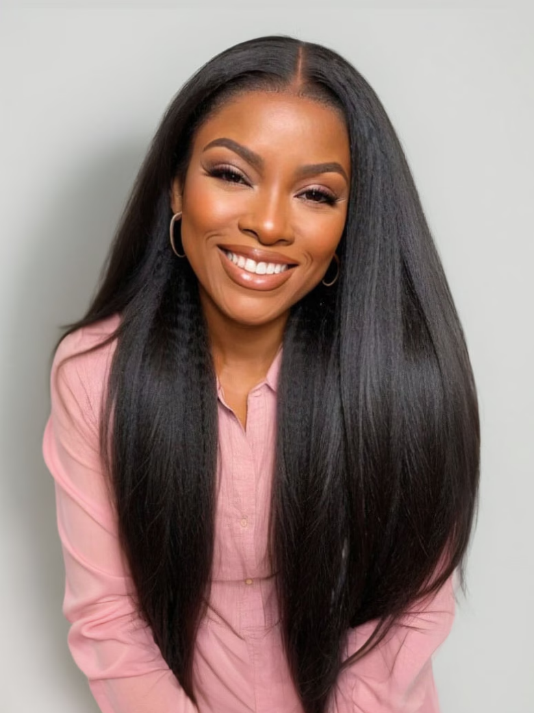 Klaiyi New EasiContour™ Yaki Straight V Part Wig Meets Real Scalp Ready To Wear Glueless Wig with  Invisi Drawstring