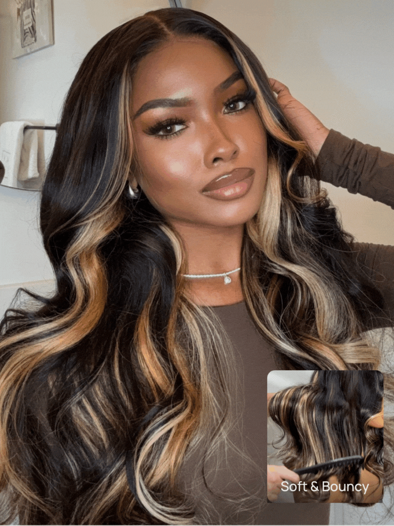 Klaiyi Honey Caramel Highlights Body Wave 7x5 and 13x4 Pre everything Wig Put on and go Glueless Wigs