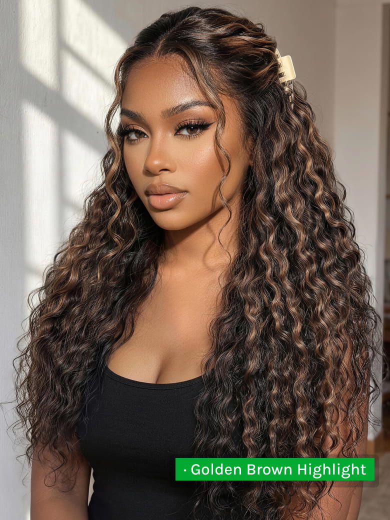 Klaiyi 7x5 Golden Brown Highlight Water Wave Bye Bye Knots Lace Closure Wig 150% Density