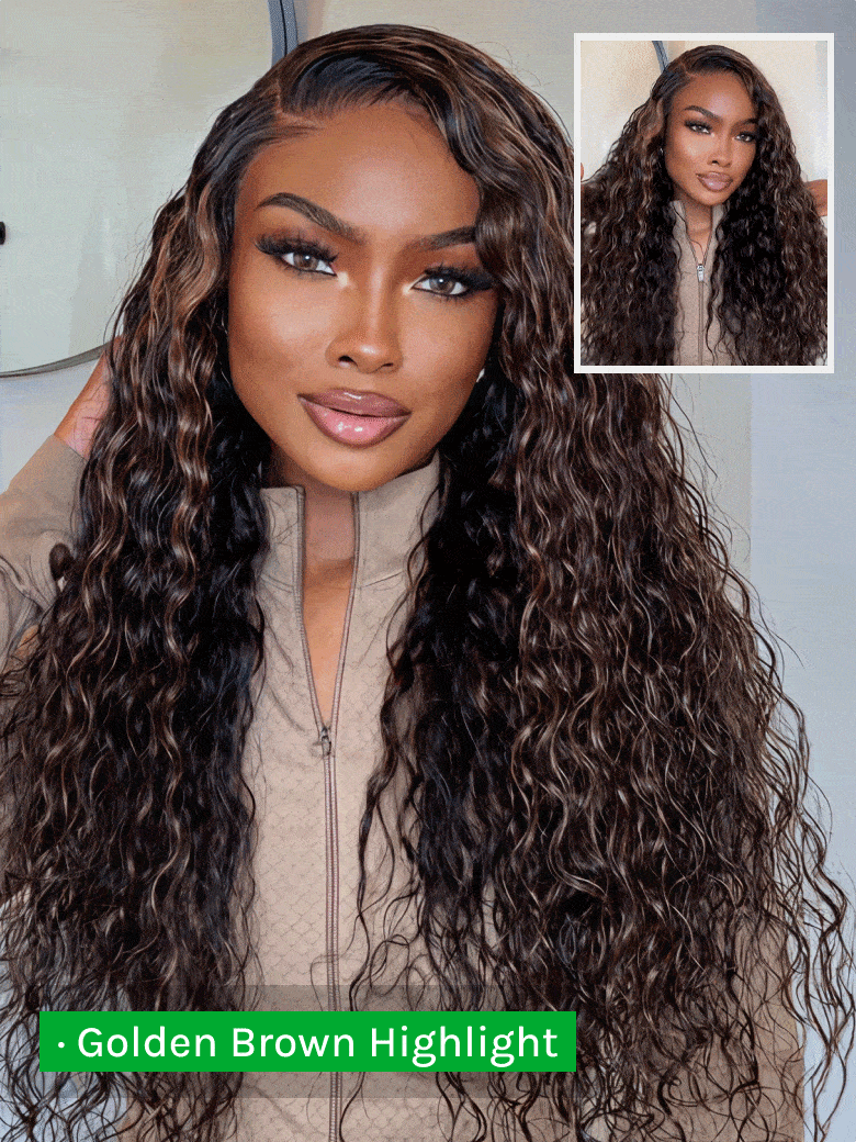 Klaiyi 7x5 Golden Brown Highlight Water Wave Bye Bye Knots Lace Closure Wig 150% Density