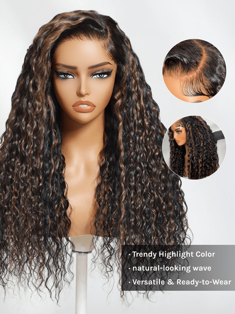 Klaiyi 7x5 Golden Brown Highlight Water Wave Bye Bye Knots Lace Closure Wig 150% Density
