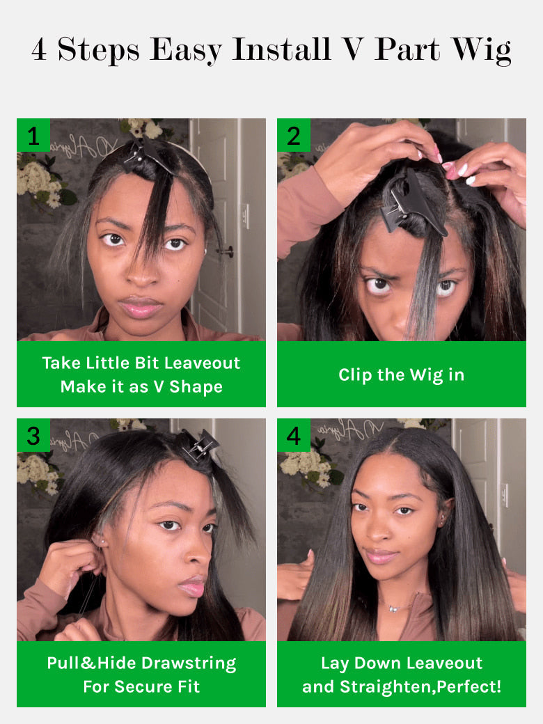 Klaiyi Yaki Straight EasiContour V Part Wigs Human Hair Ombre Chestnut Brown Color Clip in No Sew in No Glue Upgrade U Part Human Hair Wig