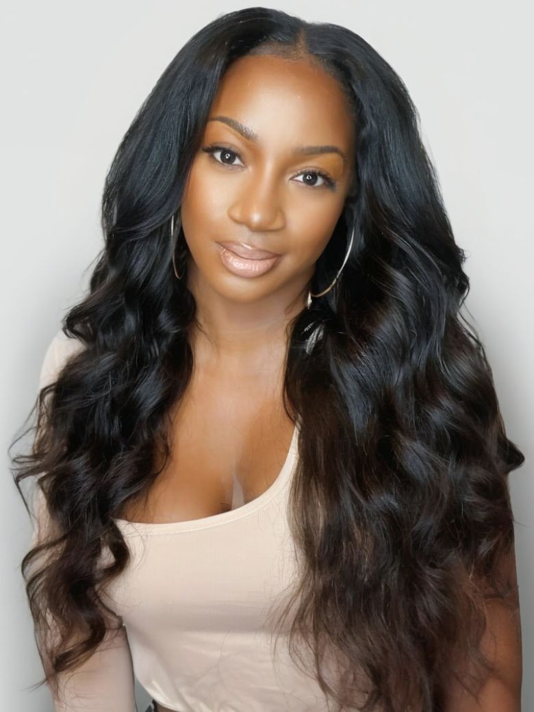 Klaiyi Body Wave Easicontour V Part Glueless Wig with invisi Drawstring Human Hair Meets Real Scalp Beginner Friendly