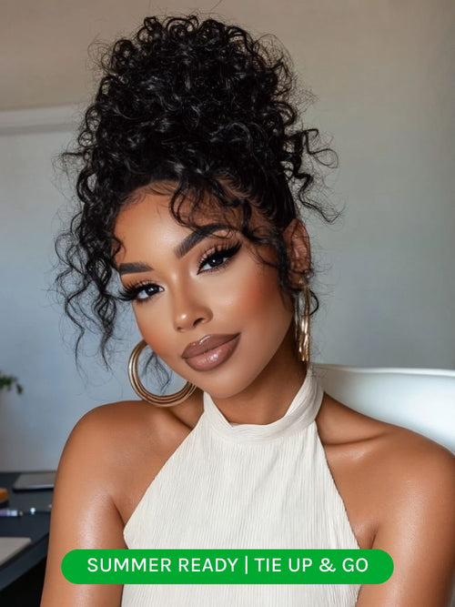 Klaiyi 7x5 & 13x4 No-Slip Cap Glueless Lace Water Wave Wig Put On & Go Human Hair Wig with Baby Hair Lightweight & Breathable