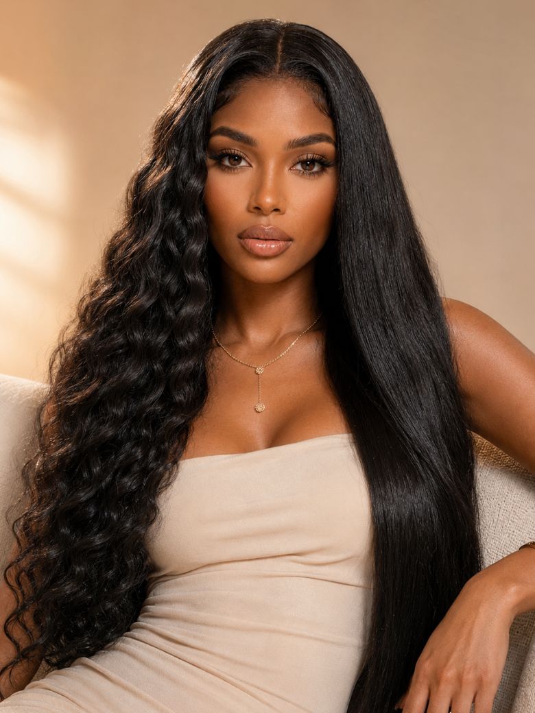 Klaiyi 7x5 & 13x4 No-Slip Cap Glueless Lace Water Wave Wig Put On & Go Human Hair Wig with Baby Hair Lightweight & Breathable